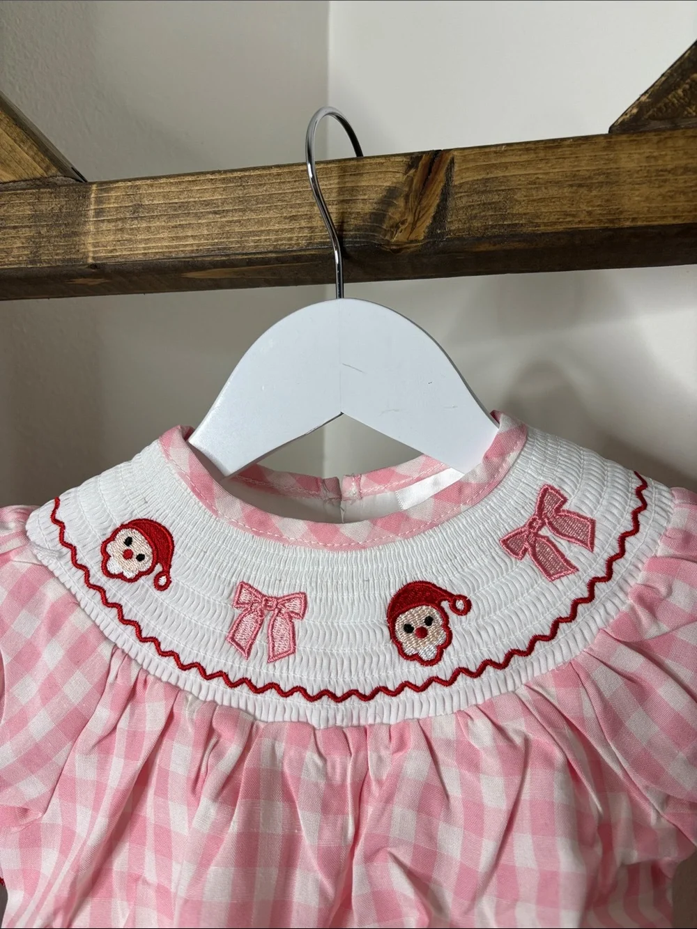 Pink Gingham Smocked Christmas Baby One-Piece with Embroidered Santa Bows 18M